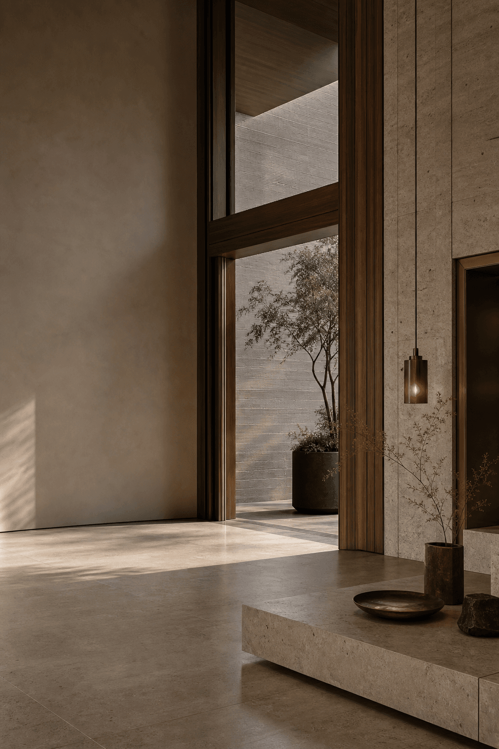 Conceptual premium hero visual for Vaastvik Infra showing a calm architectural transition space.